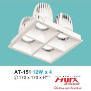 Đèn âm trần chiếu điểm vuông Ø170 x 170 x H95, khoét lỗ: Ø150 x 150 - 12W x 4 vỏ trắng